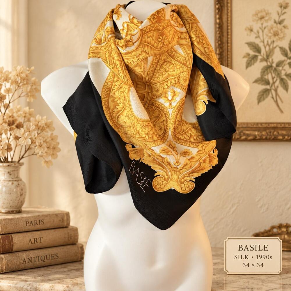 Vintage Basile Silk Scarf 1990s Gold Black Baroque Medallion Print 34x34